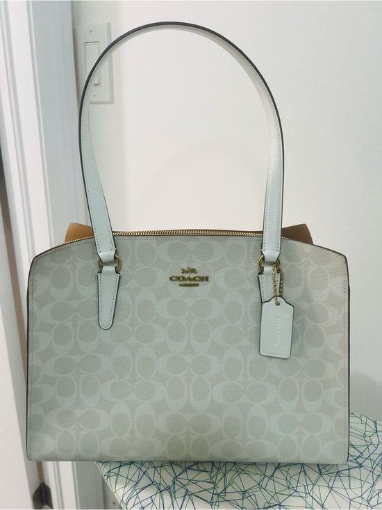 Coach Handbags - Coach Light Gray Signature Domed Shoulder Tote with Tan Accents